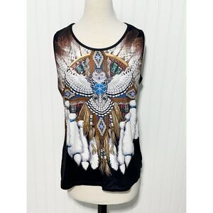 Women's Retro Ethnic Style Owl Scoopneck Sleeveless Tank Top Black Multi‎ Large